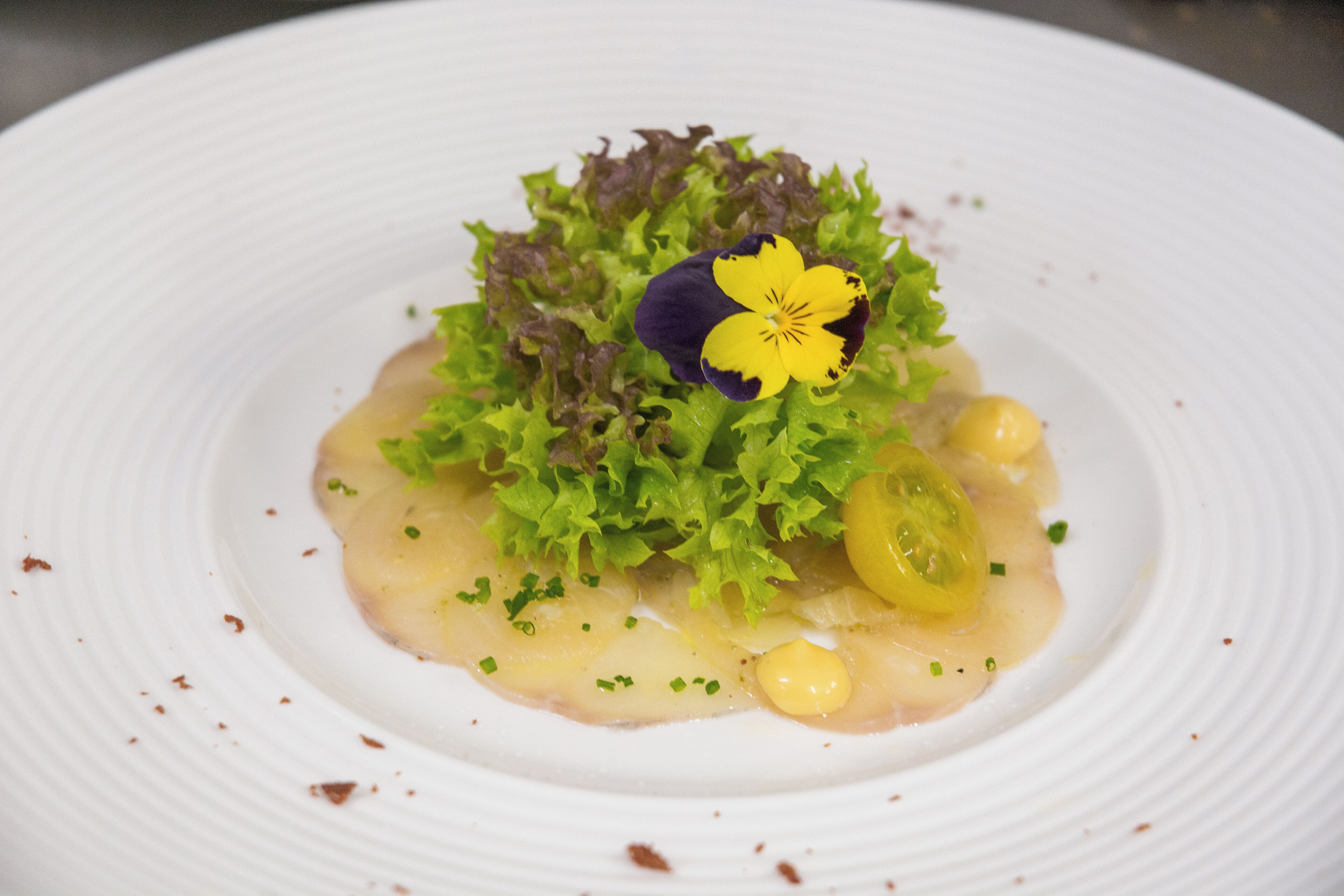 Ein weißer Teller mit Salat, einer gelben Blume und ein paar grünen Blättern.