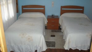 Une chambre avec deux lits simples, une table de chevet, un petit tapis et un tableau accroché au mur.