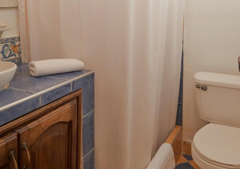 A bathroom with a toilet, a sink, and a shower curtain.