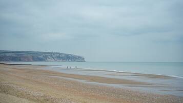 A beach with a cliff in the background.