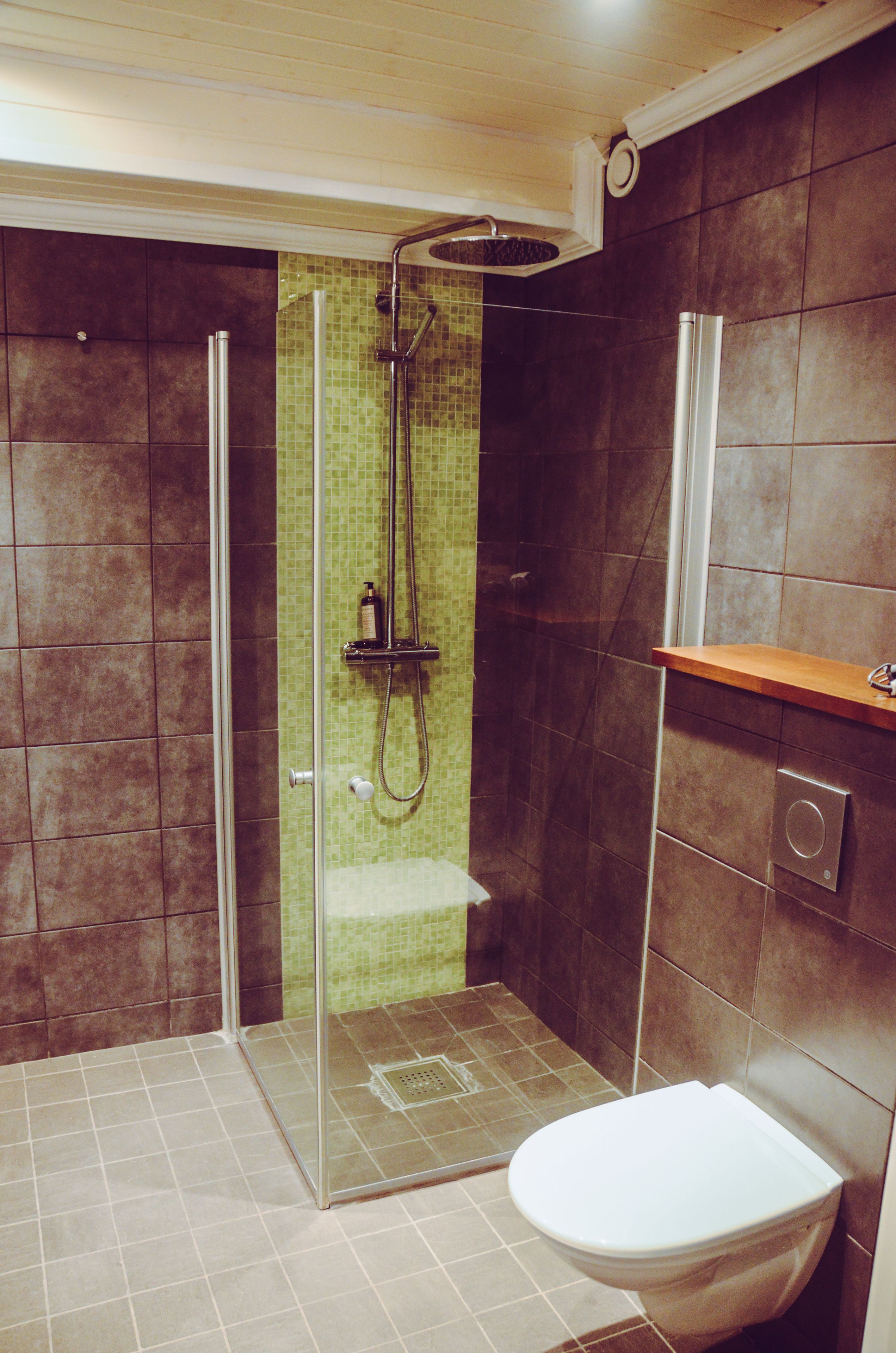 Ein modernes Badezimmer mit einer gläsernen Duschkabine, einer Toilette und Ablage für Toilettenartikel.
