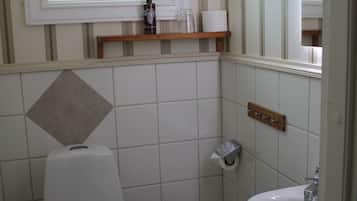 A small bathroom with a toilet, sink, and mirror.