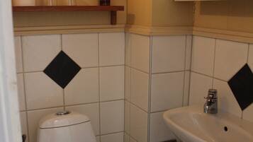 A small bathroom with a toilet, sink, and shelf with toiletries.