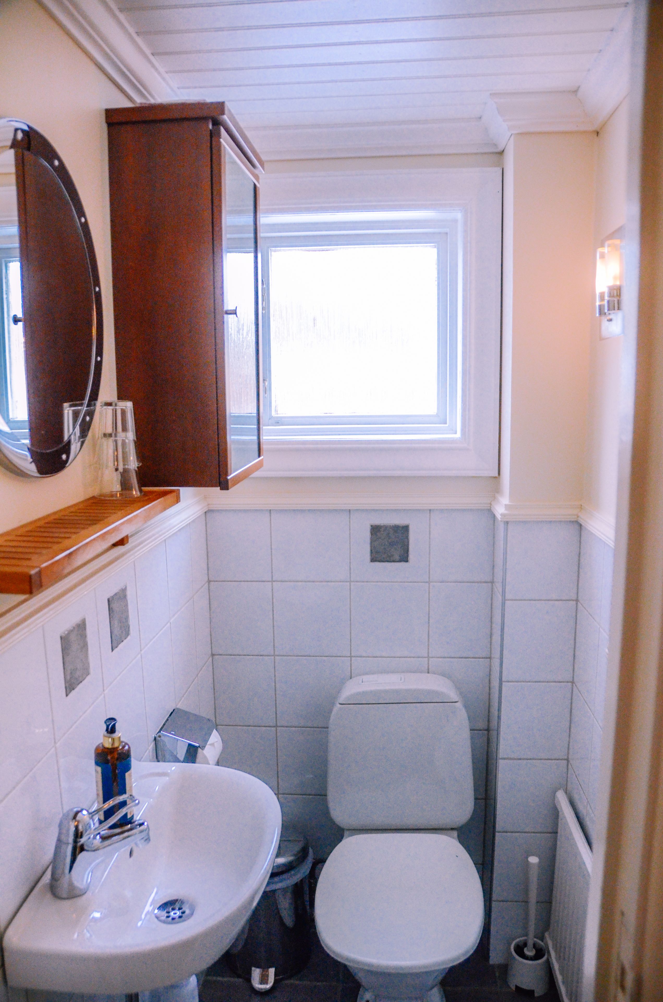 A compact bathroom with a white sink, a toilet, and a small window.