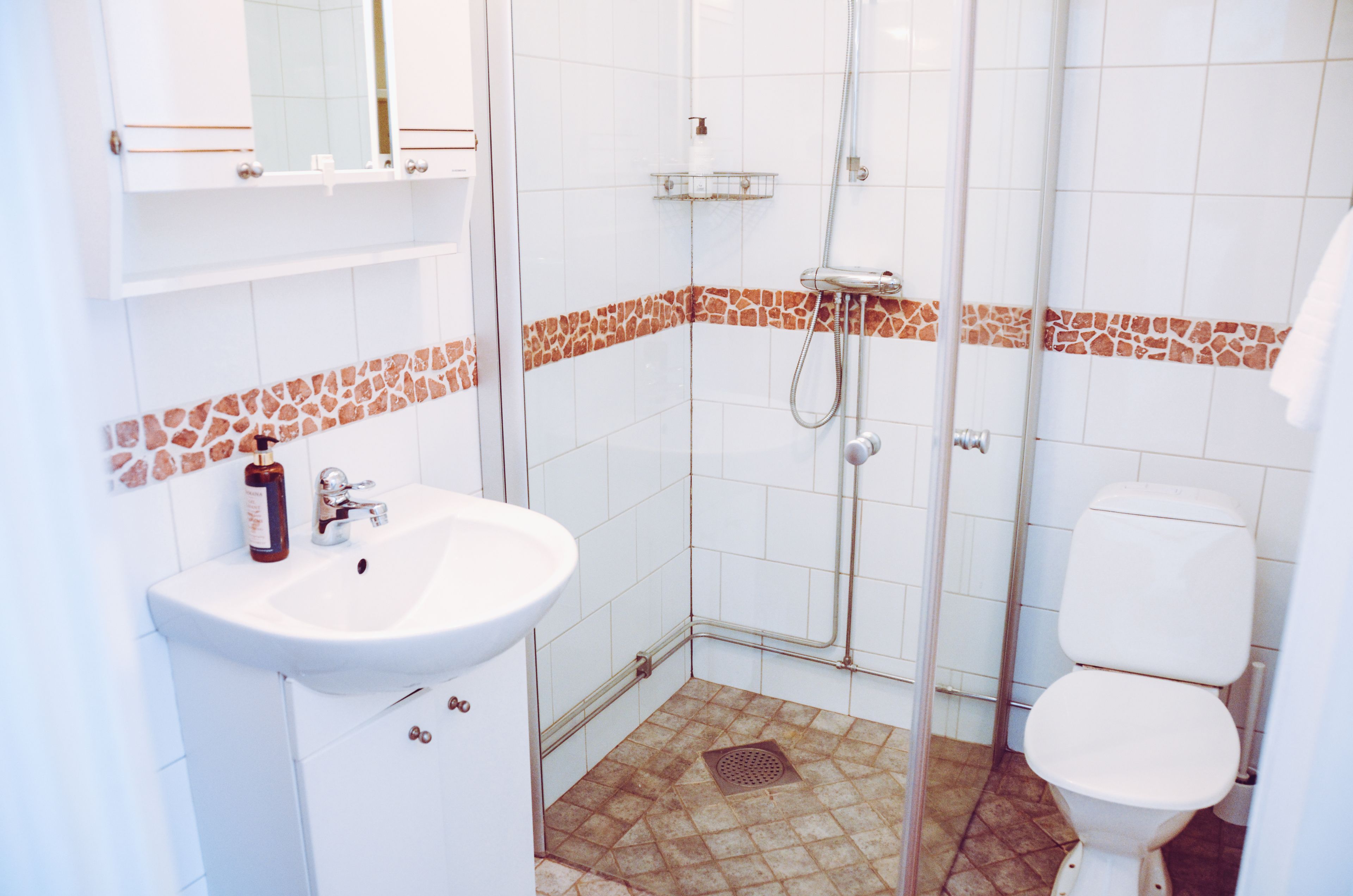 A bathroom with a white sink, a mirror, a shower enclosure, and a toilet.