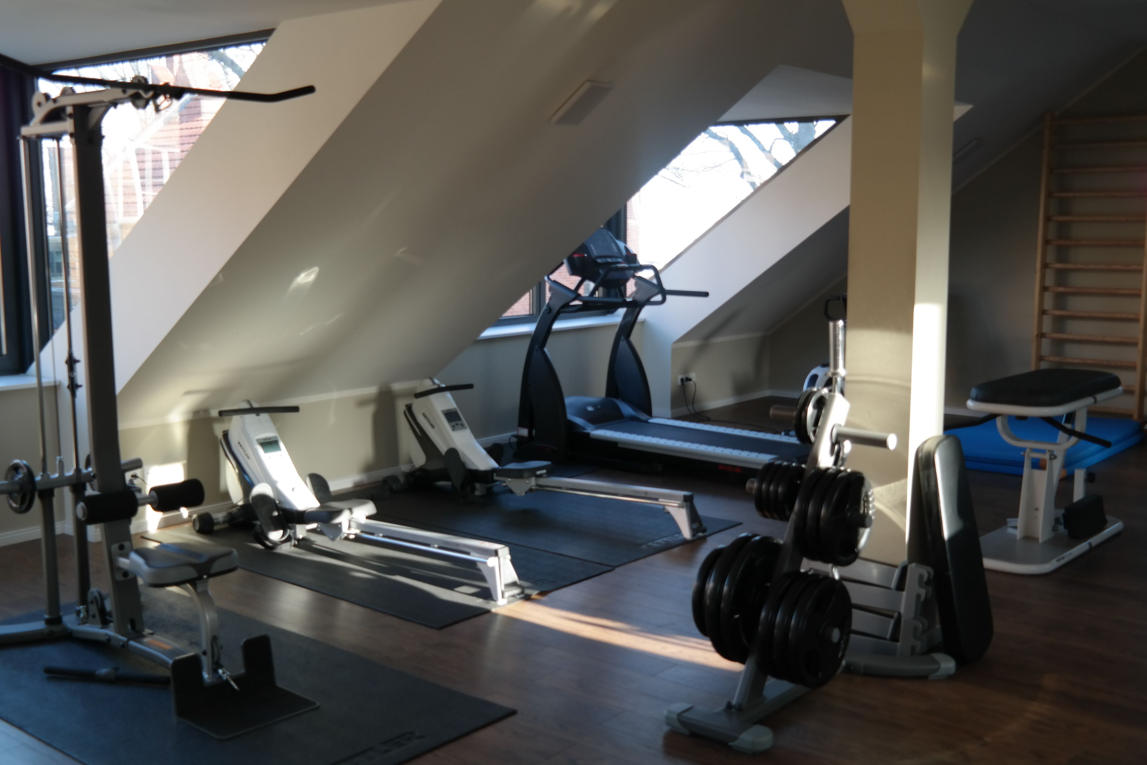 Una palestra con diverse attrezzature per l'esercizio fisico, tra cui tapis roulant e macchinari per pesi, sotto un soffitto inclinato con lucernari.