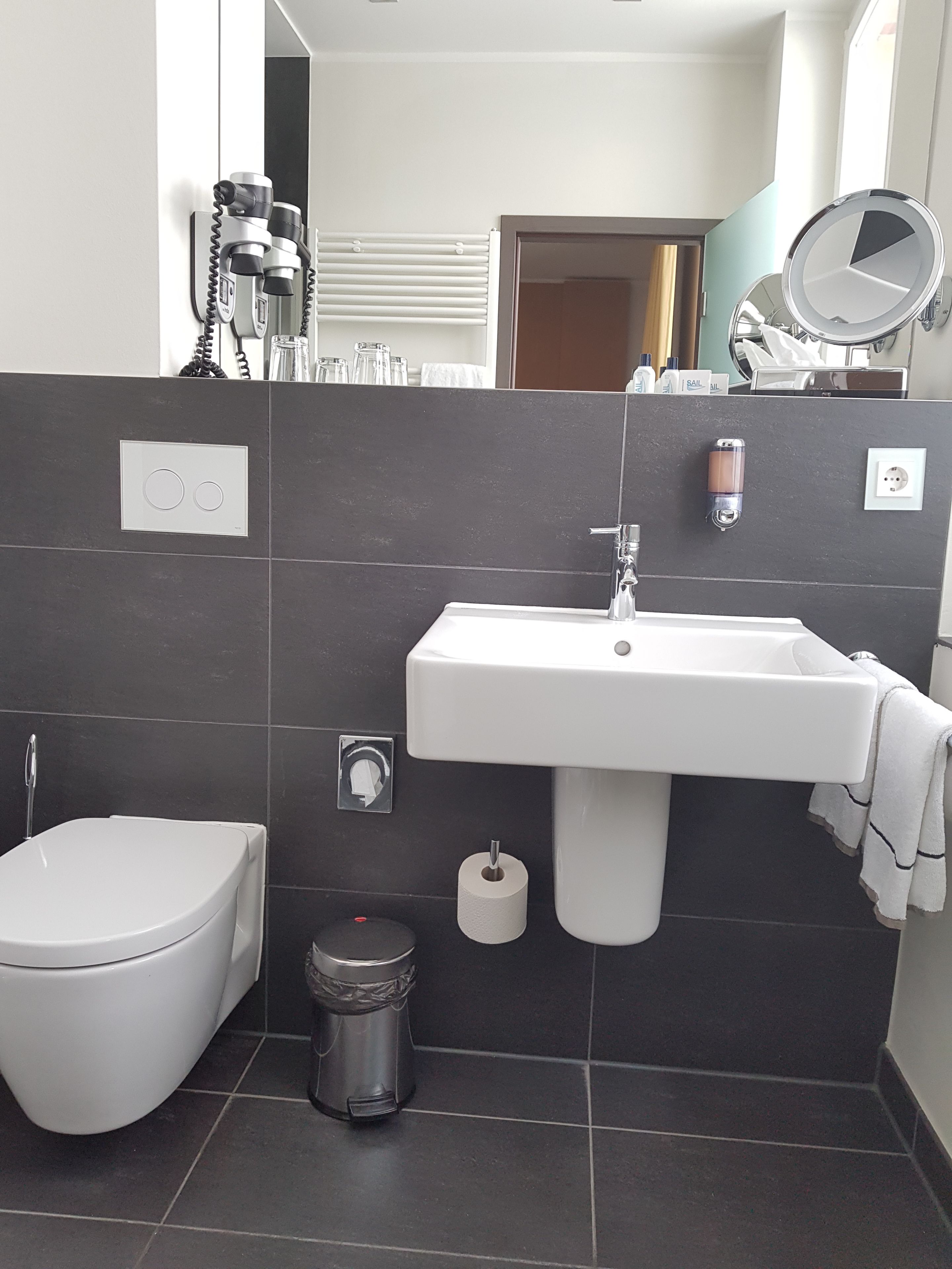 Une salle de bain moderne équipée de toilettes, d’un lavabo et d’un miroir.