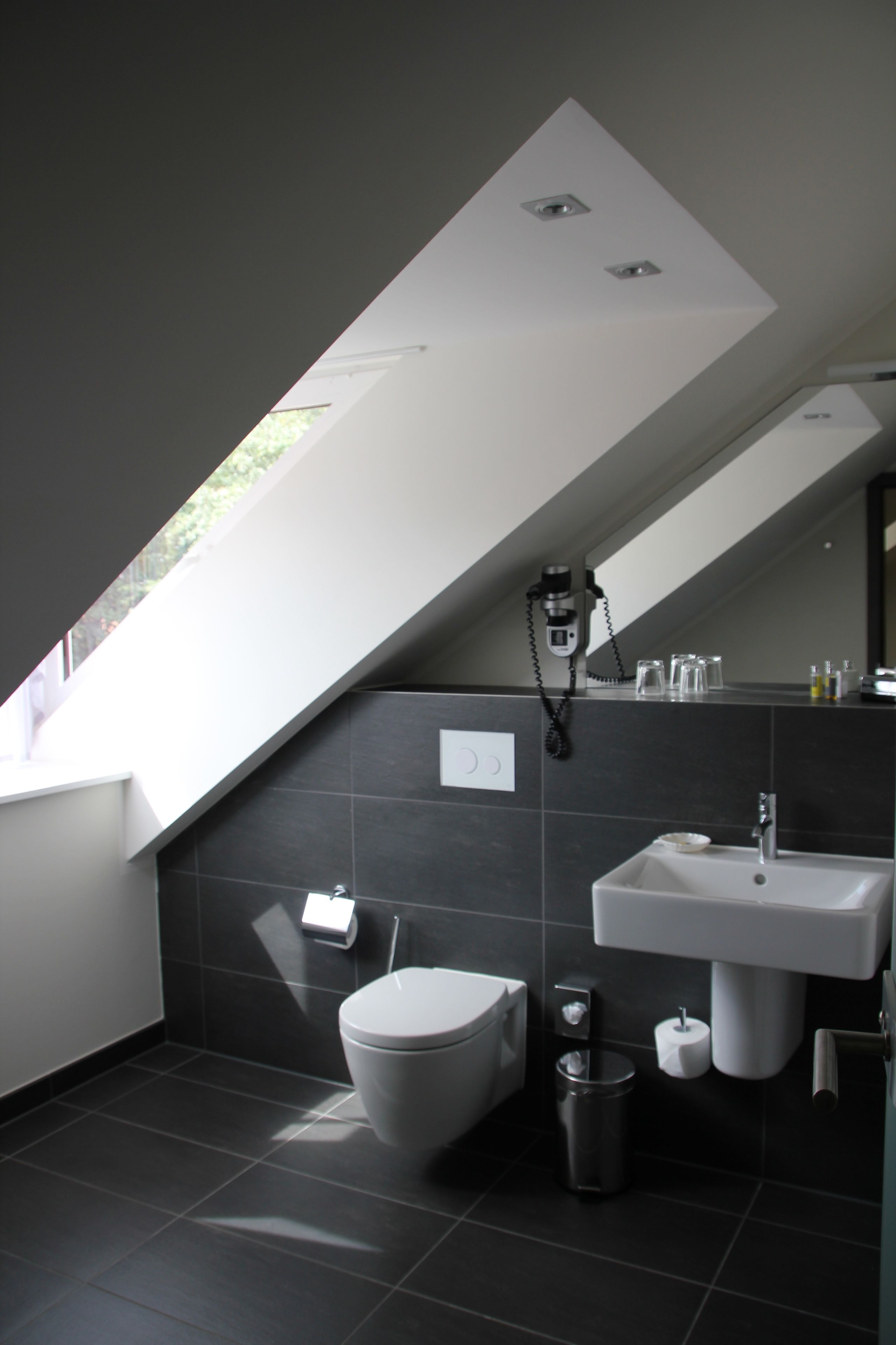 A modern bathroom with a skylight, a toilet, a sink, and a trash bin.