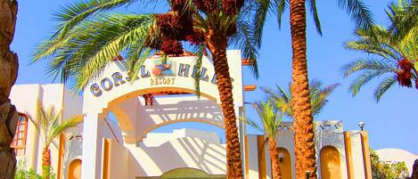 A resort entrance with palm trees and a clear blue sky.