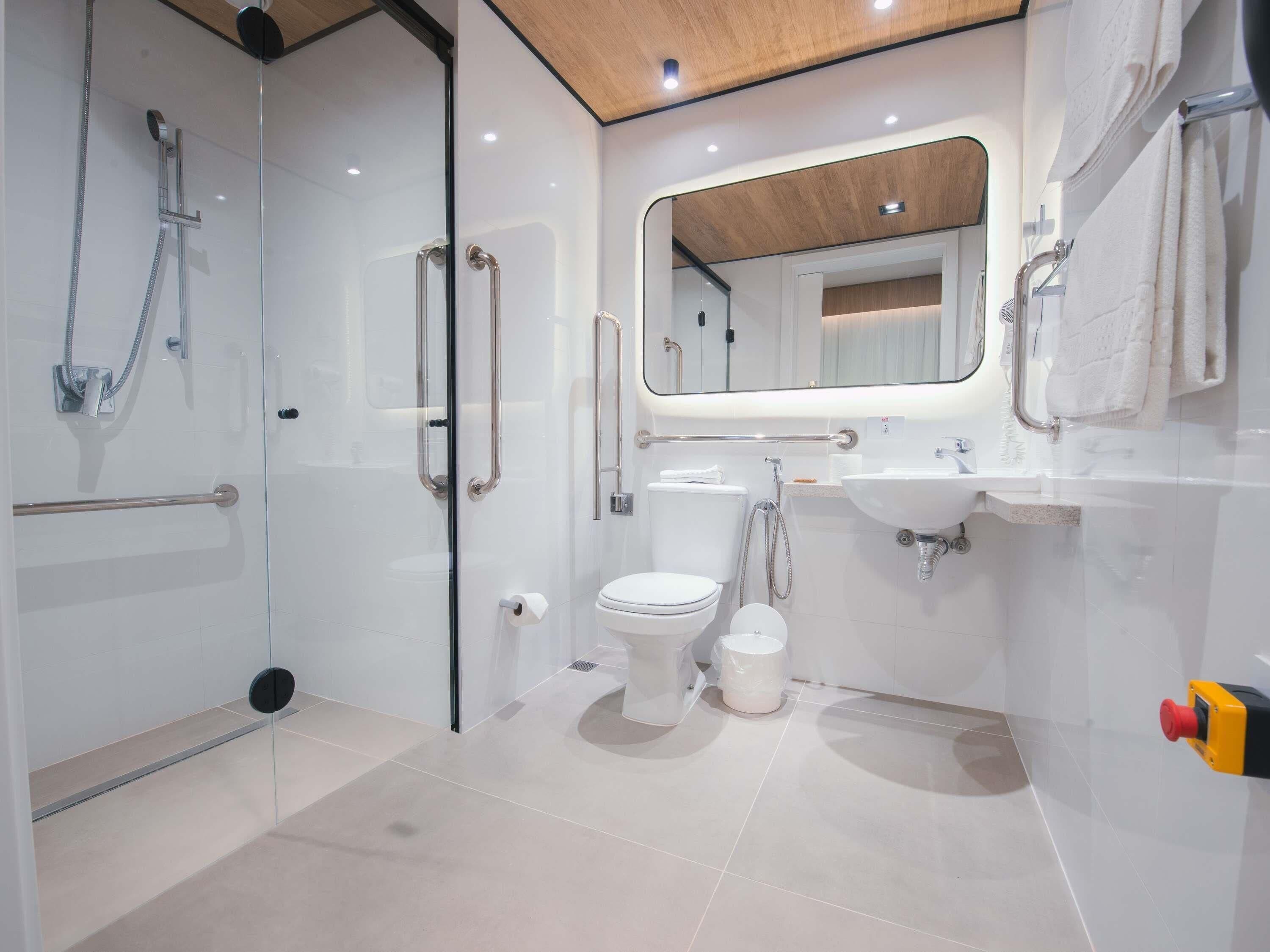 A modern bathroom with a glass shower enclosure, a toilet, a sink, and a mirror.