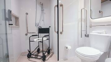 A modern bathroom with a wheelchair-accessible shower, a toilet, and a glass-enclosed shower area.