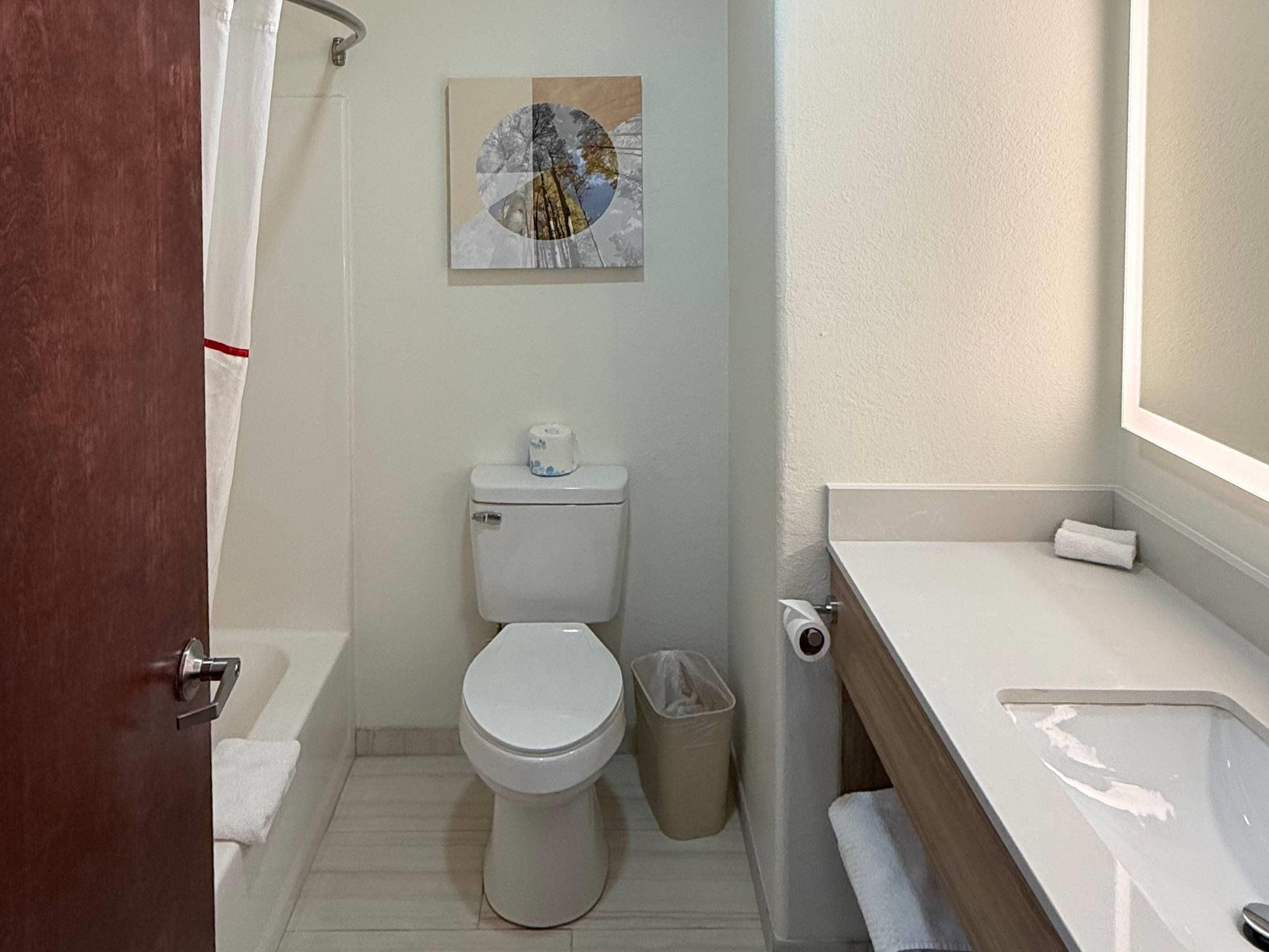 A bathroom with a toilet, a sink, a mirror, a shower curtain, and a trash bin.