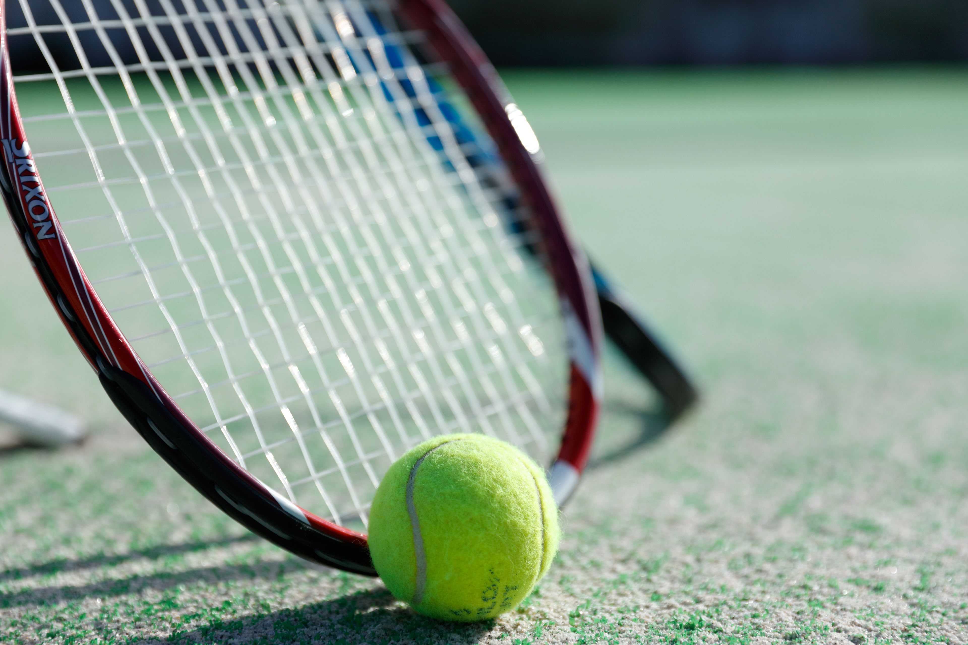 Een tennisbal en racket op een groene ondergrond.