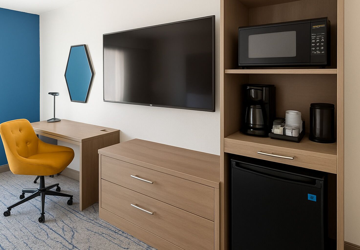 A hotel room with a flat-screen TV, a microwave, a coffee maker, a refrigerator, a desk with a chair, and a blue accent wall.