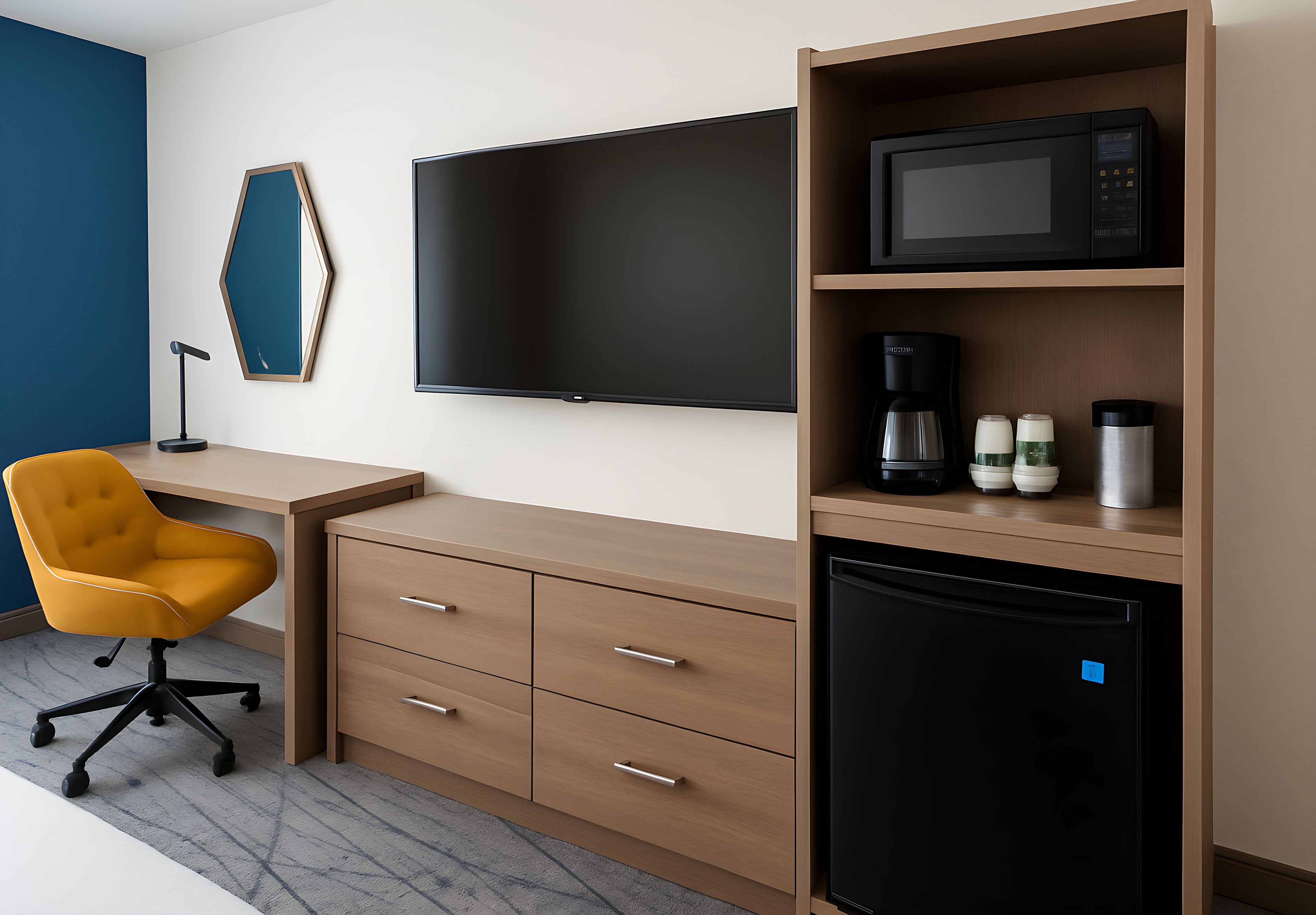 A modern hotel room with a desk, chair, flat-screen TV, microwave, coffee maker, and mini-fridge.