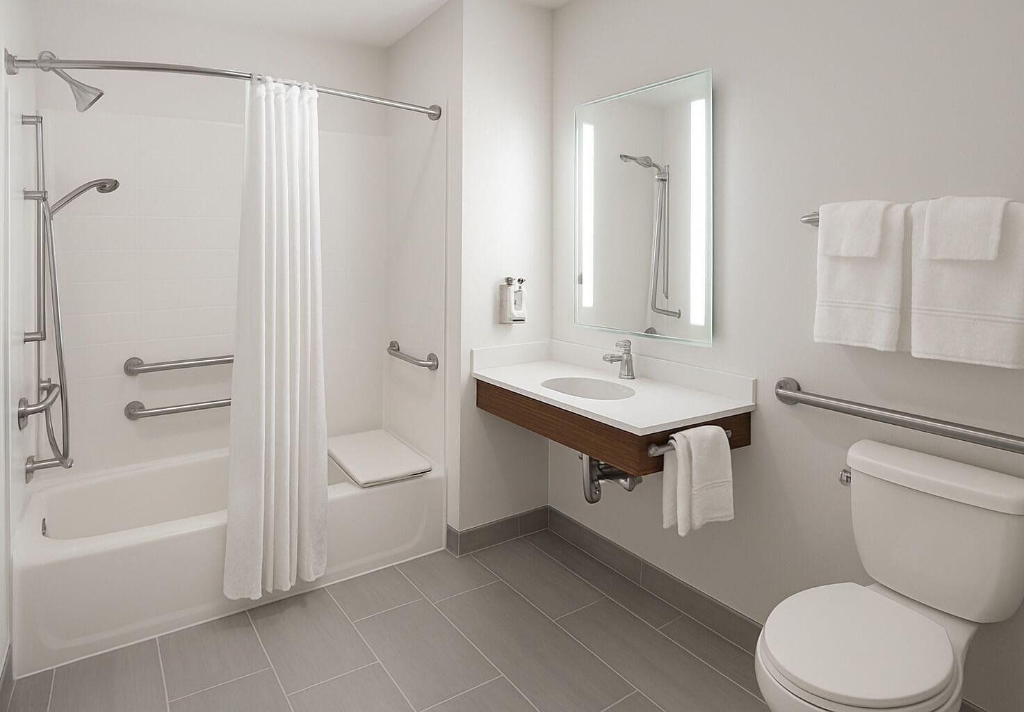Une salle de bain moderne équipée d’une baignoire, d’une douche, de toilettes et d’un meuble-lavabo.