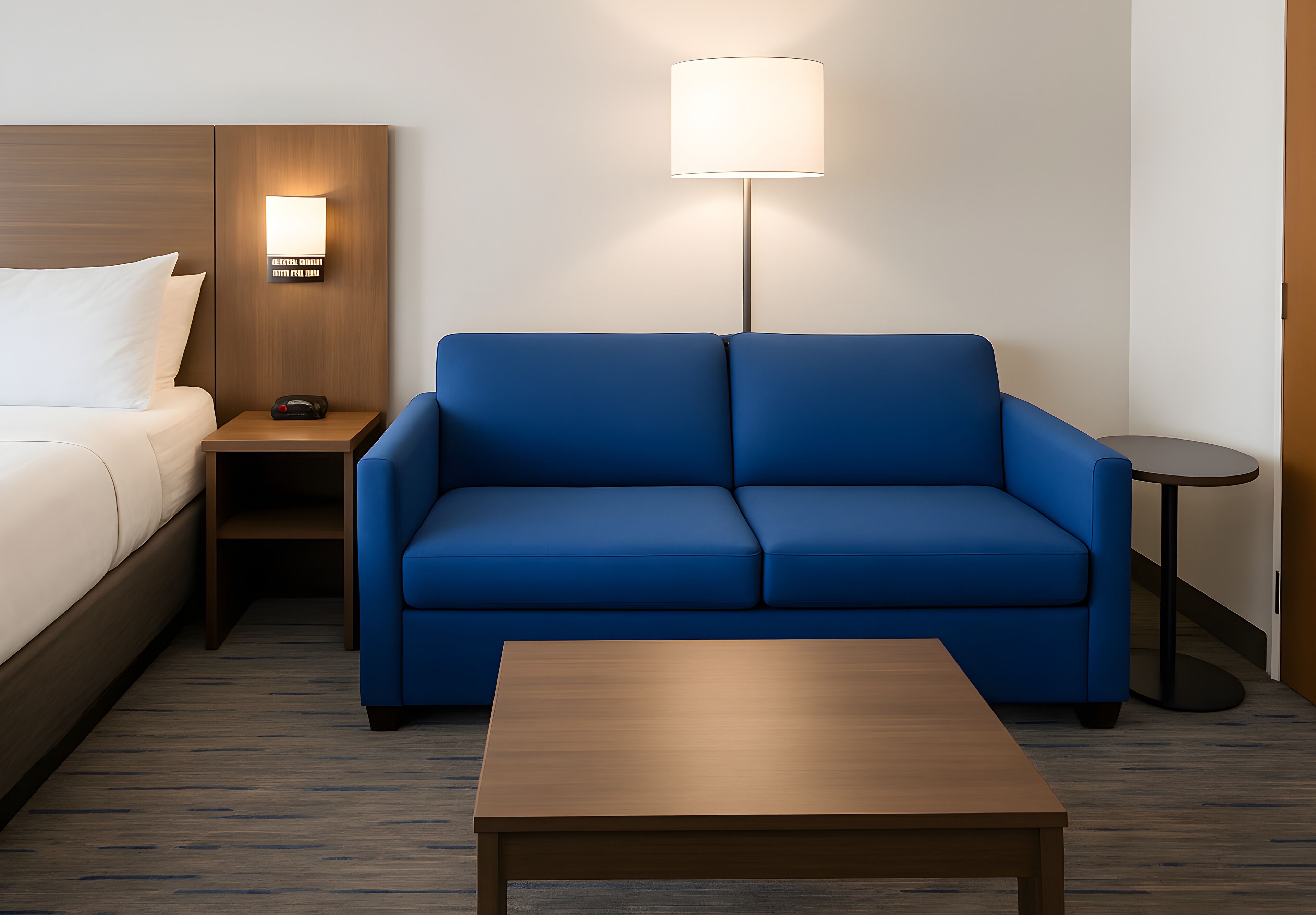 Een hotelkamer met een bed, een blauwe bank, een houten nachtkastje, een nachttafeltje, een lamp en een klein rond tafeltje.