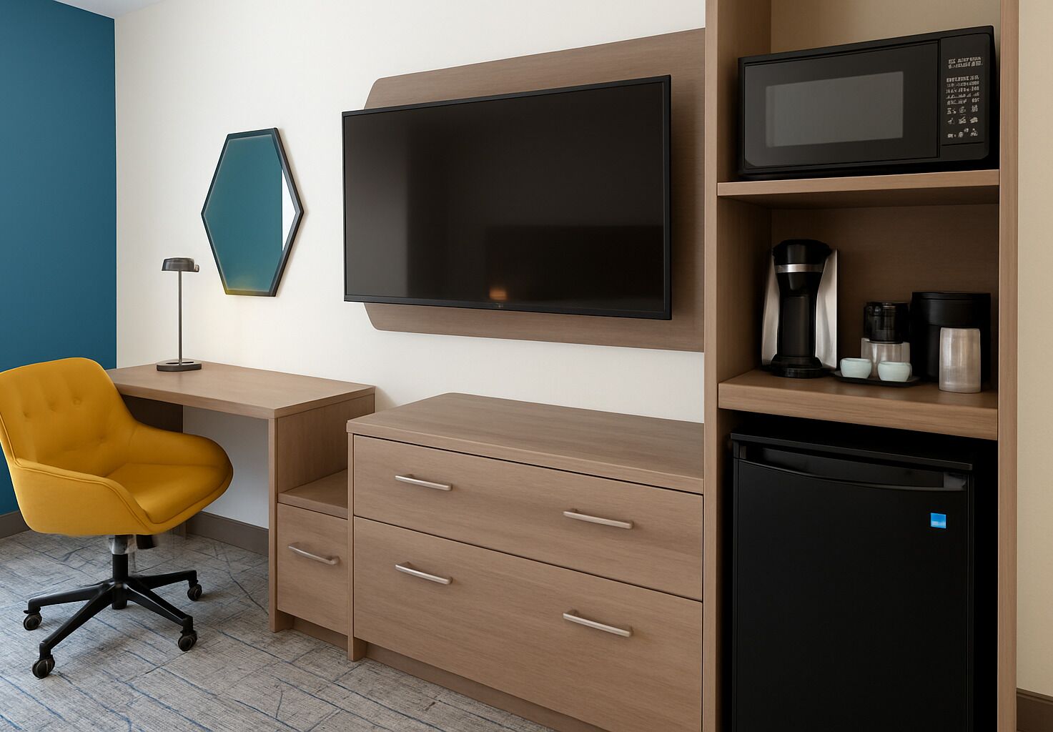 Een moderne kamer met een flatscreen televisie, een magnetron, een koffiezetapparaat en een kleine vaatwasser.