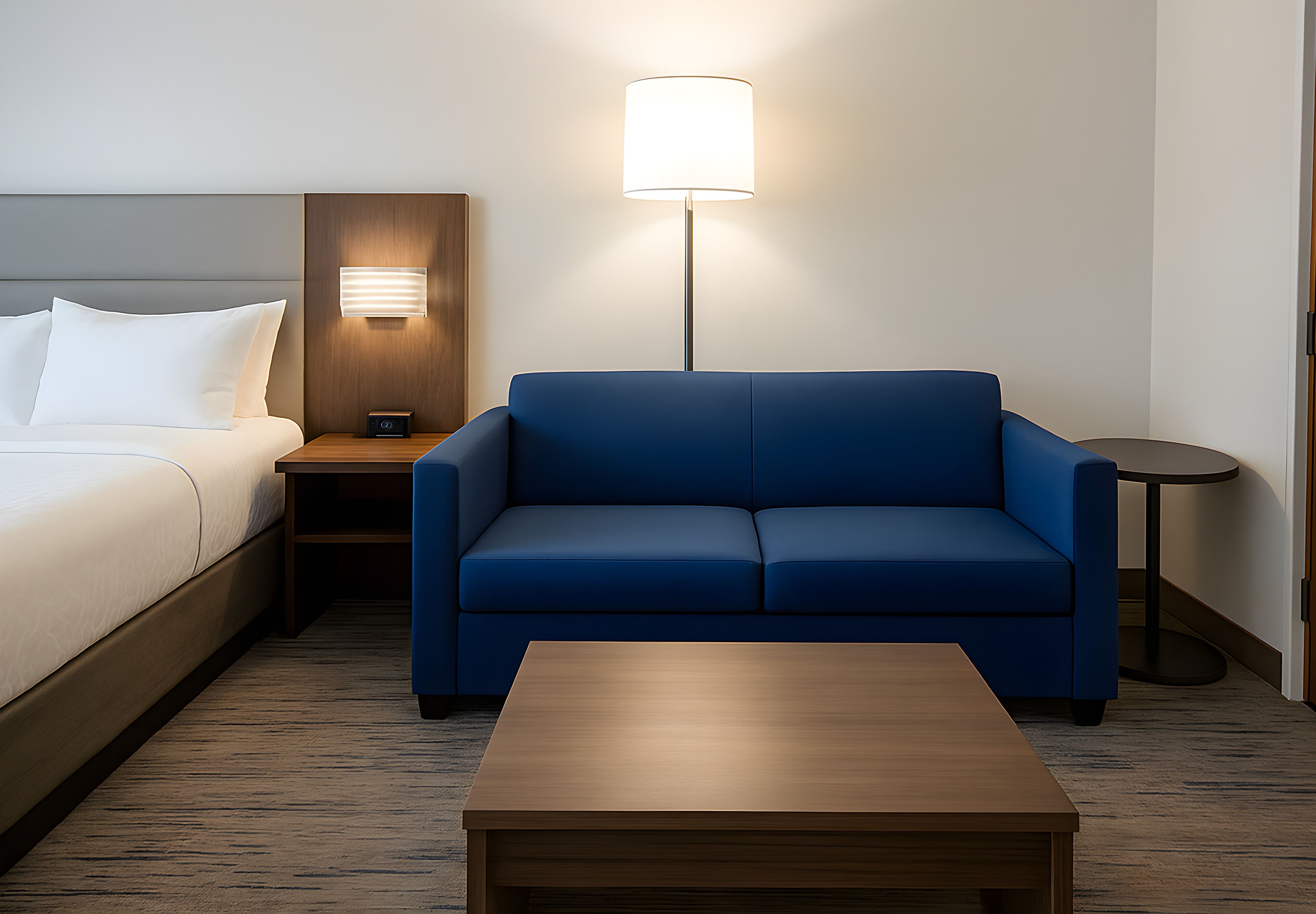 Une chambre d’hôtel avec un lit, un canapé bleu, une table de chevet en bois, une lampe et une petite table ronde.