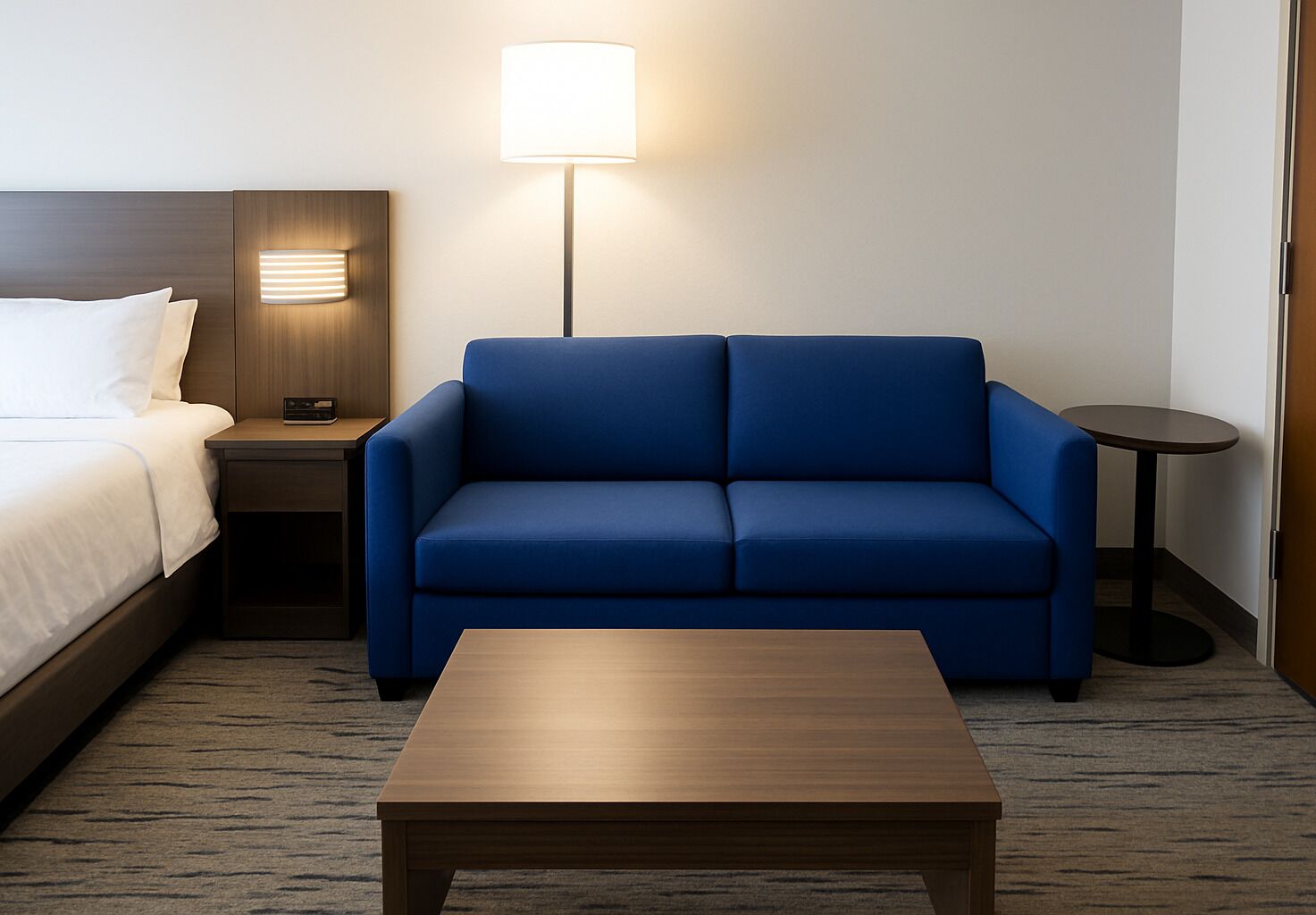 A hotel room with a bed, a blue sofa, a wooden coffee table, a nightstand, a lamp, and a small round table.