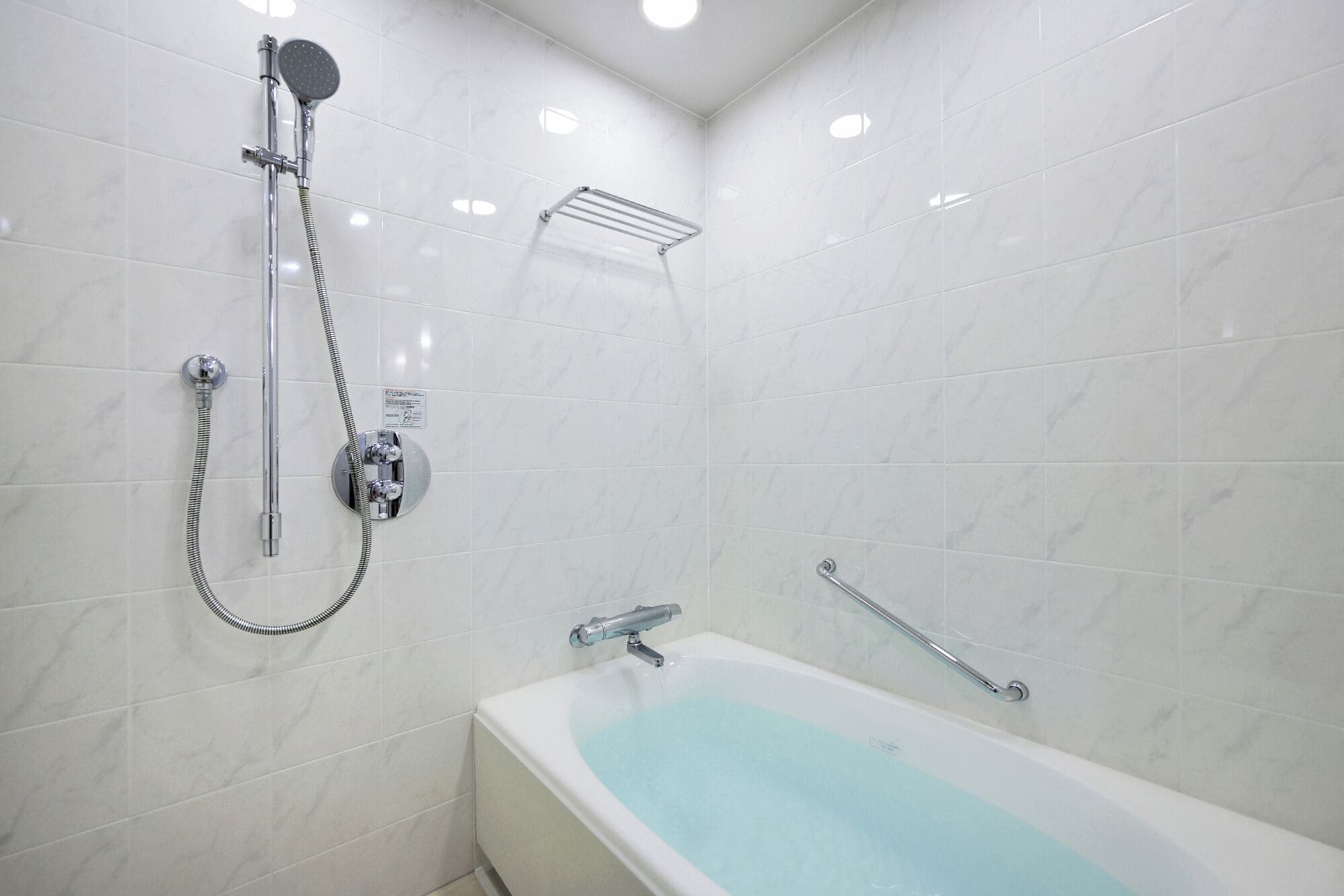 A modern bathroom with a bathtub, a shower with a handheld showerhead, and a grab bar.