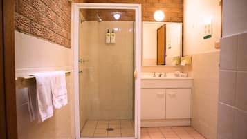 Shower, free toiletries, hair dryer, towels
