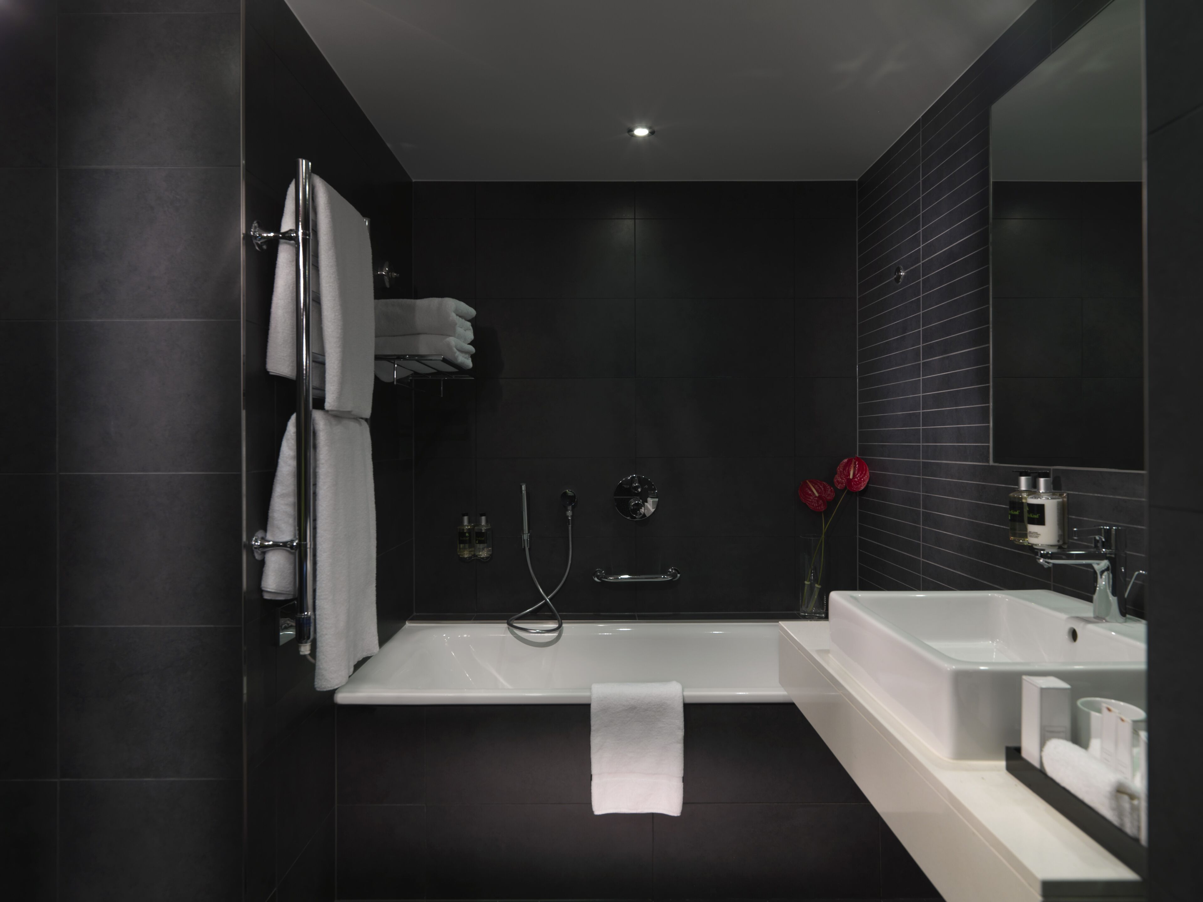 shower, designer toiletries, hair dryer, towels