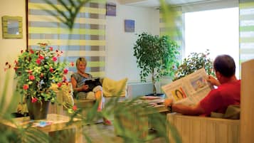 Une pièce avec un canapé, une table basse et une plante en pot.