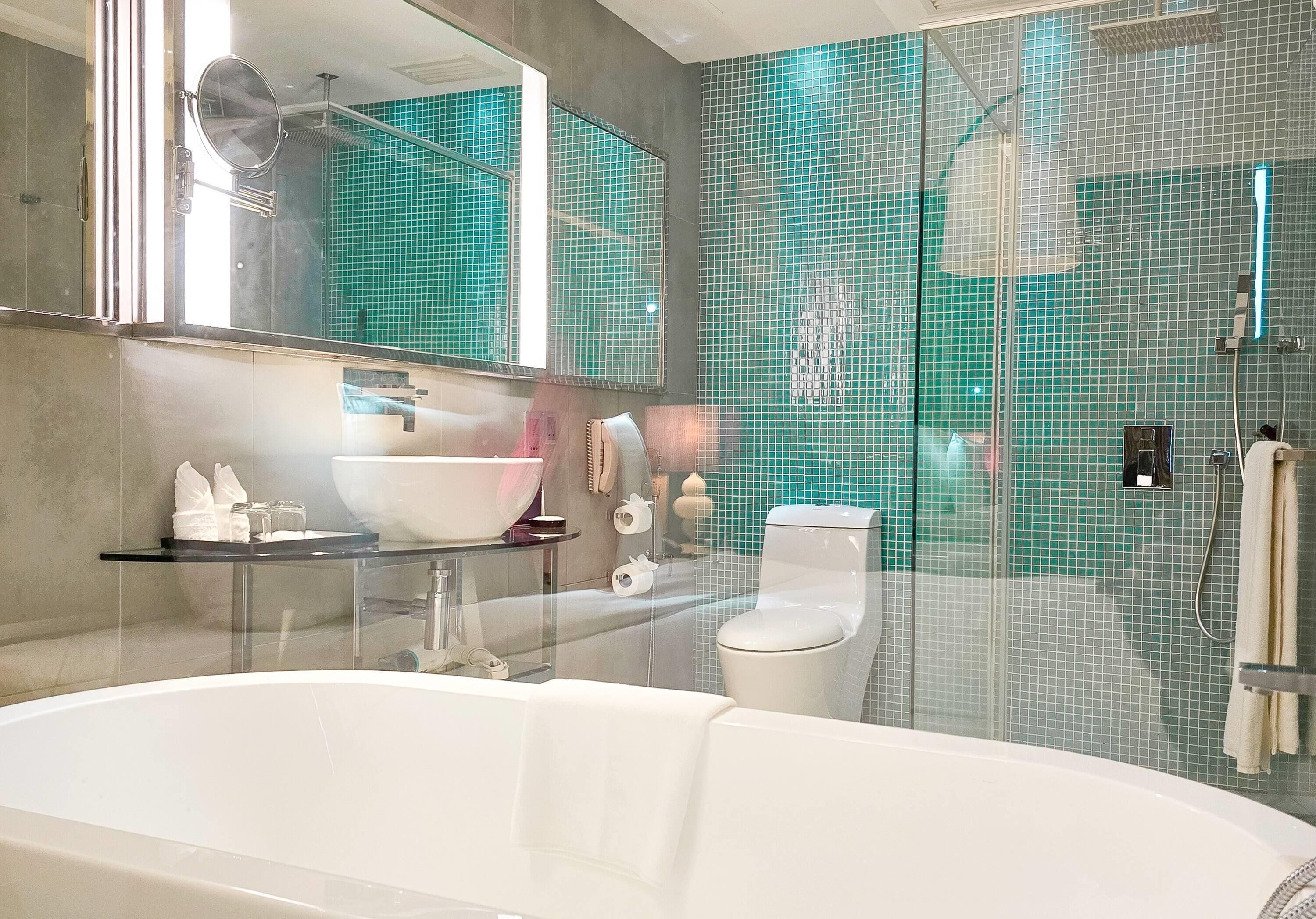 junior suite king | bathroom | separate bathtub and shower, free toiletries, hair dryer, bathrobes