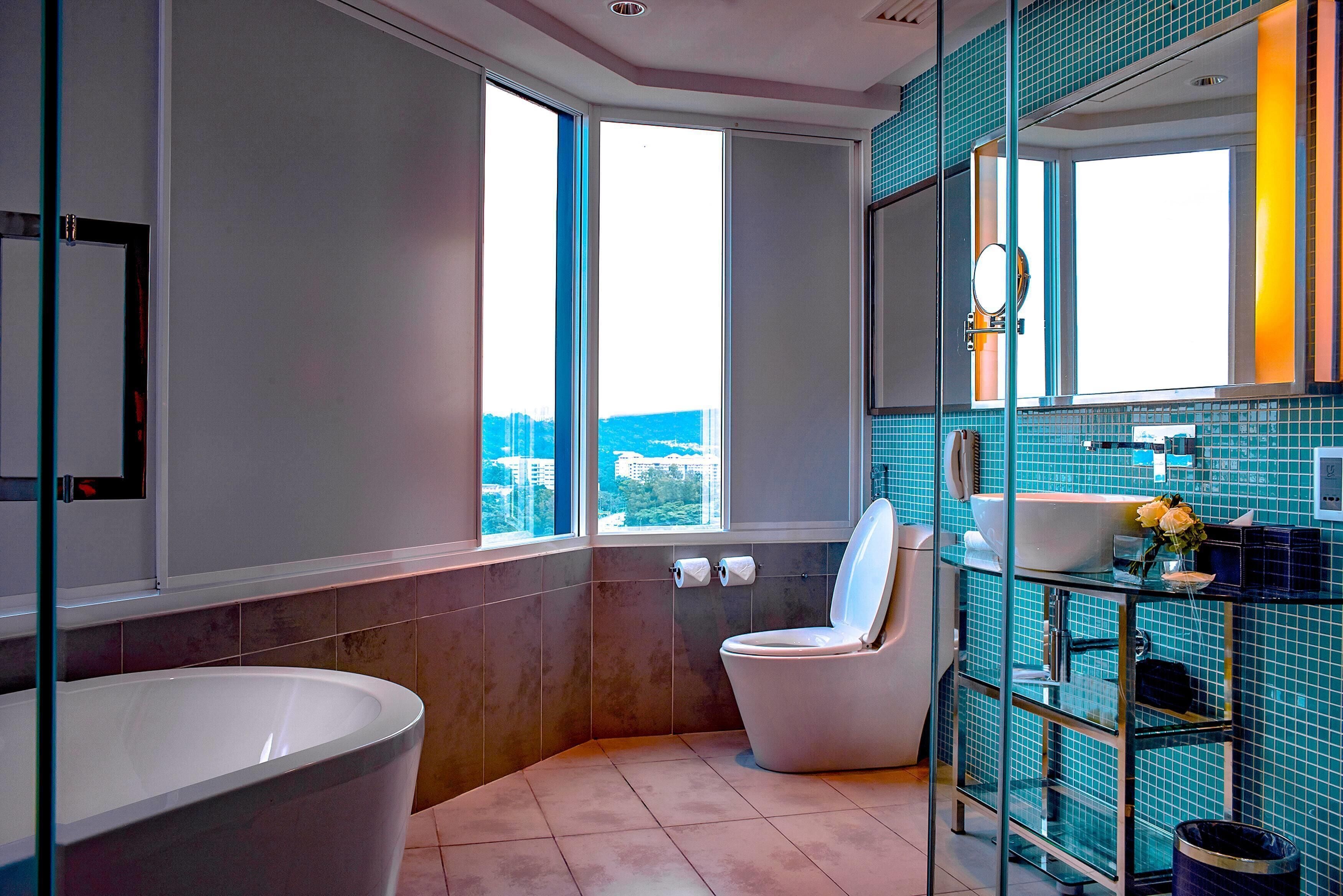 separate bathtub and shower, free toiletries, hair dryer, bathrobes