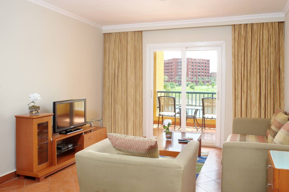 Un salon avec un téléviseur, un canapé et un fauteuil, un balcon avec vue sur les immeubles et un tableau accroché au mur.