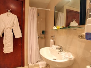 Shower, free toiletries, hair dryer, slippers