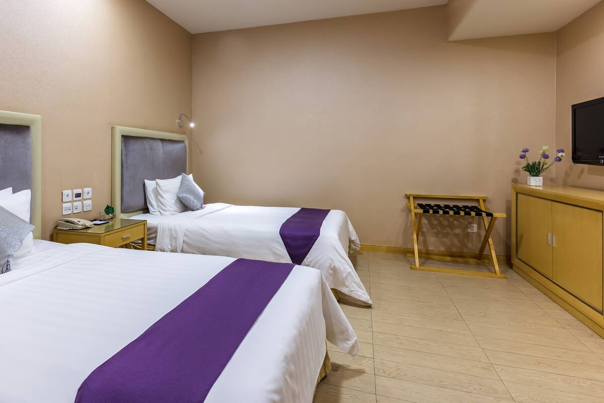A hotel room with two beds, a TV, a desk, and a wardrobe.