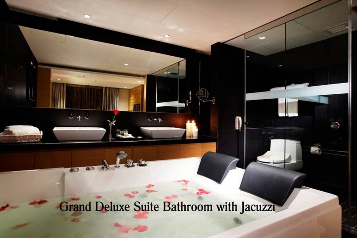 deluxe room | bathroom | shower, rainfall showerhead, free toiletries, hair dryer