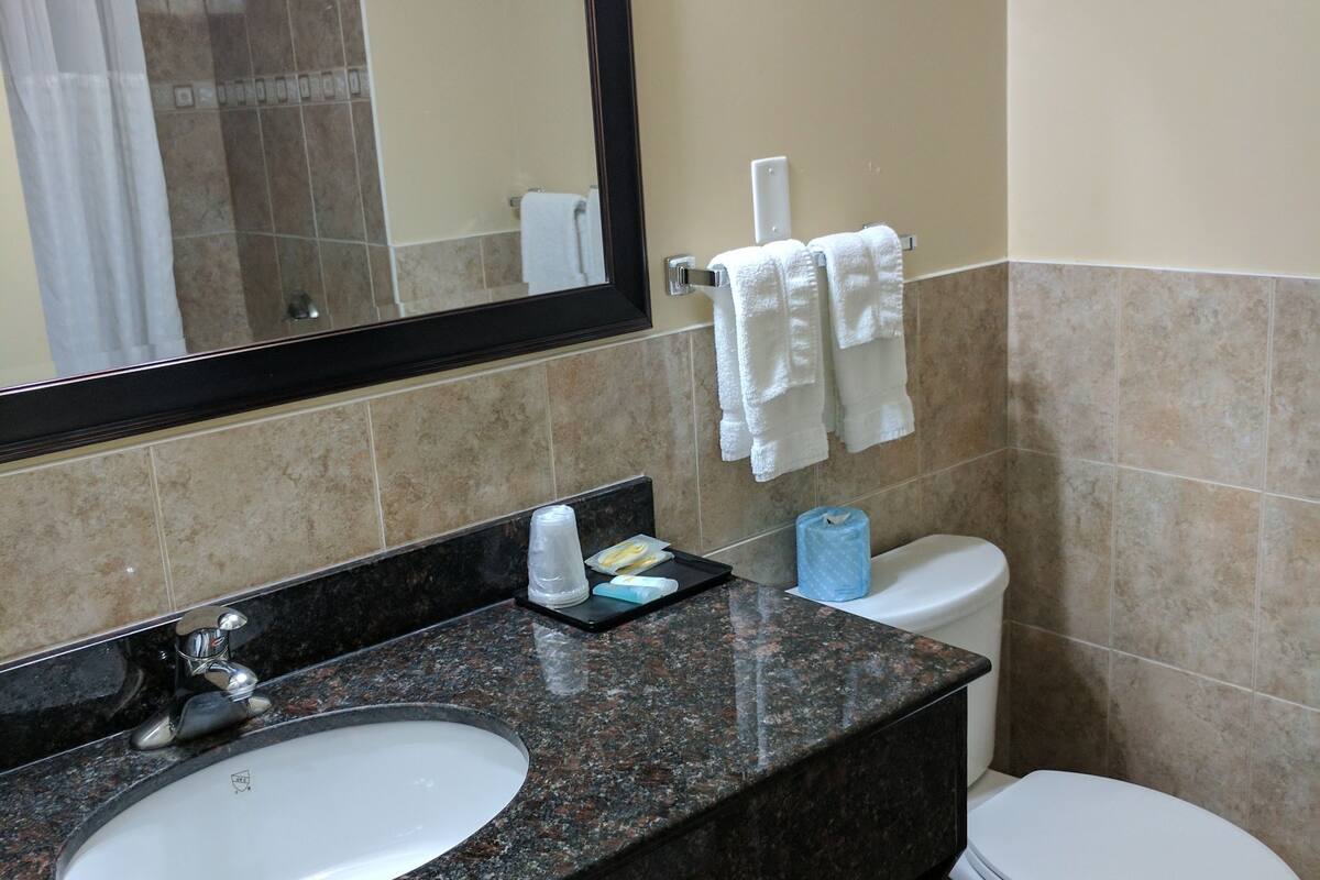 deep-soaking bathtub, hair dryer, towels