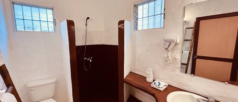 A bathroom with a toilet, a shower, a sink, and a mirror.