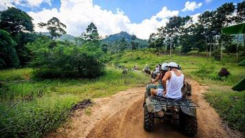 A dirt road with vehicles and people in a natural setting.
