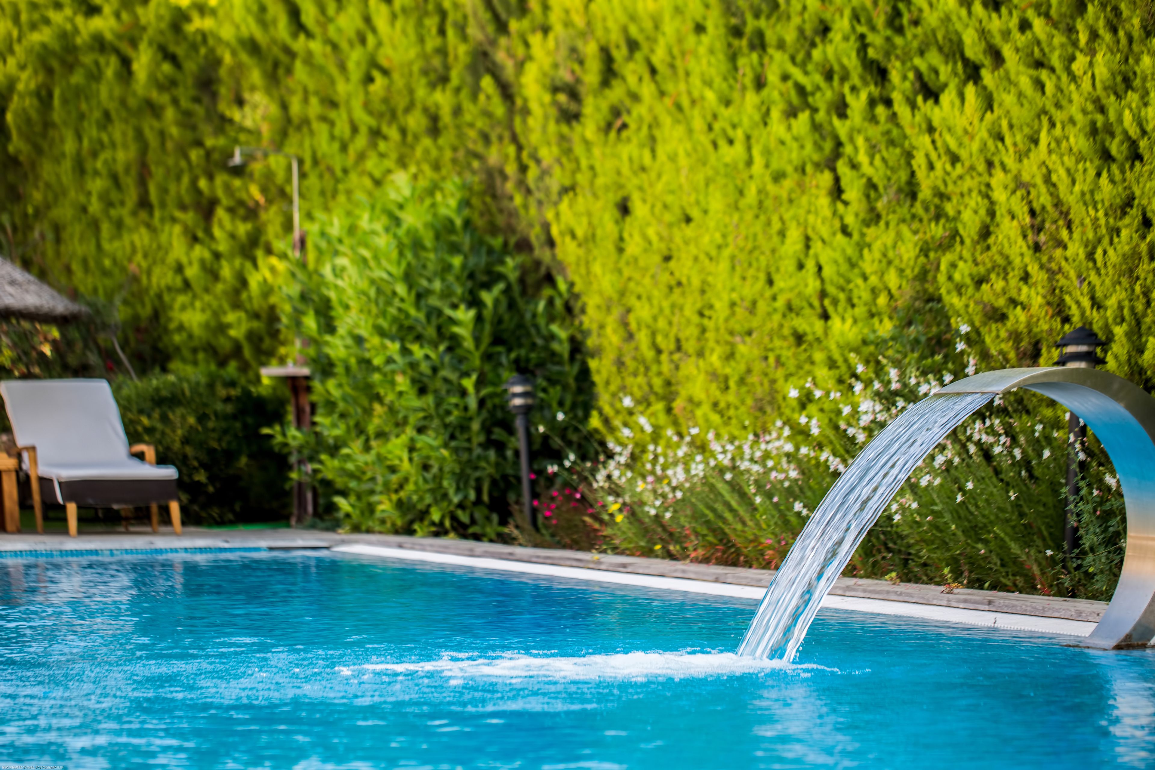 A swimming pool with a water feature, surrounded by lush greenery and a thatched-roof structure.