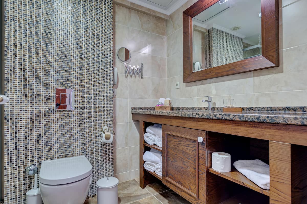 family room | bathroom | shower, rainfall showerhead, eco-friendly toiletries, hair dryer