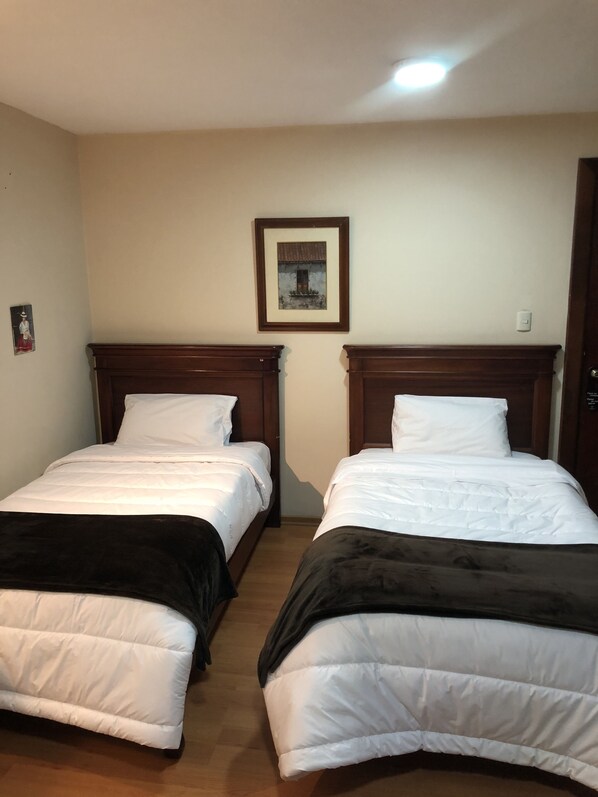 Habitación con dos camas individuales, cada una con cabecero de madera y ropa de cama blanca. Hay un cuadro enmarcado en la pared sobre las camas.