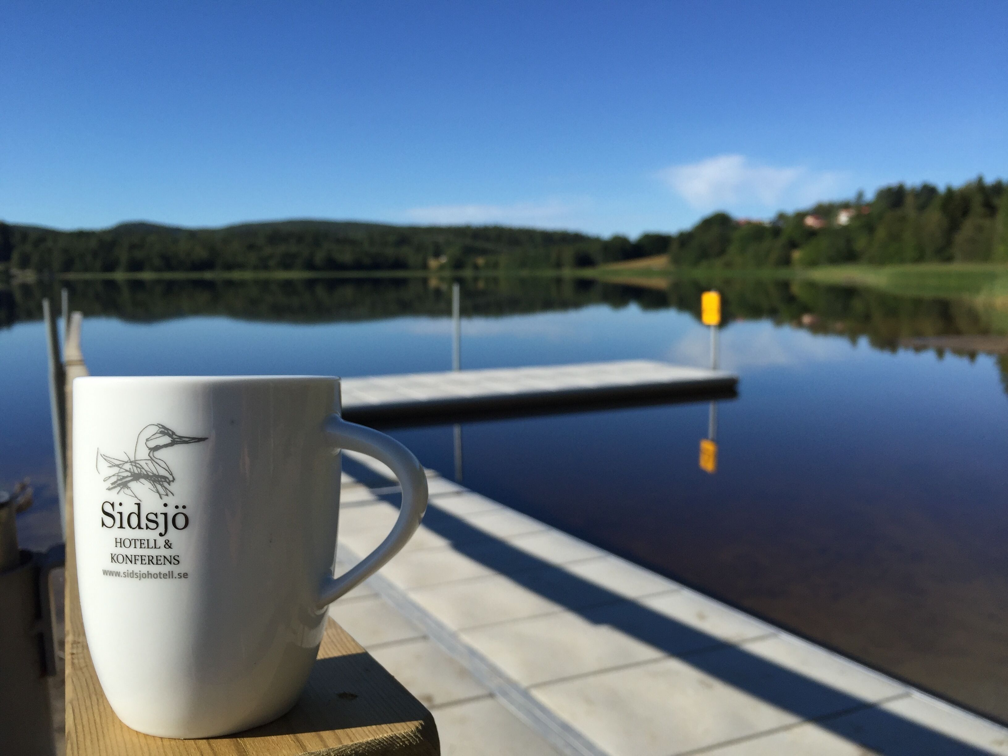 Una taza blanca con texto sobre una superficie de madera junto a un lago tranquilo con un muelle.