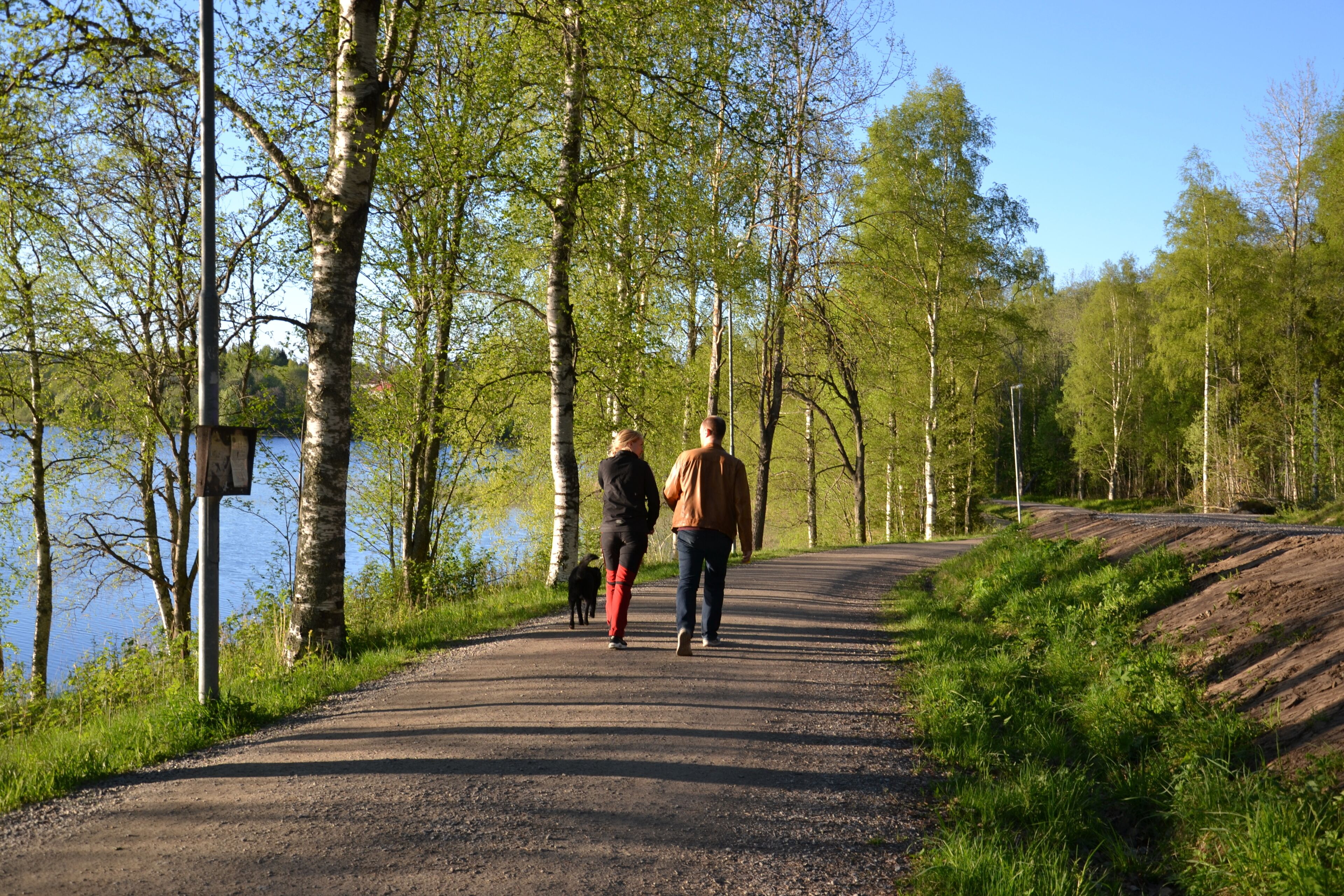 Een verhard pad met twee mensen die lopen, omringd door bomen en een waterpartij.