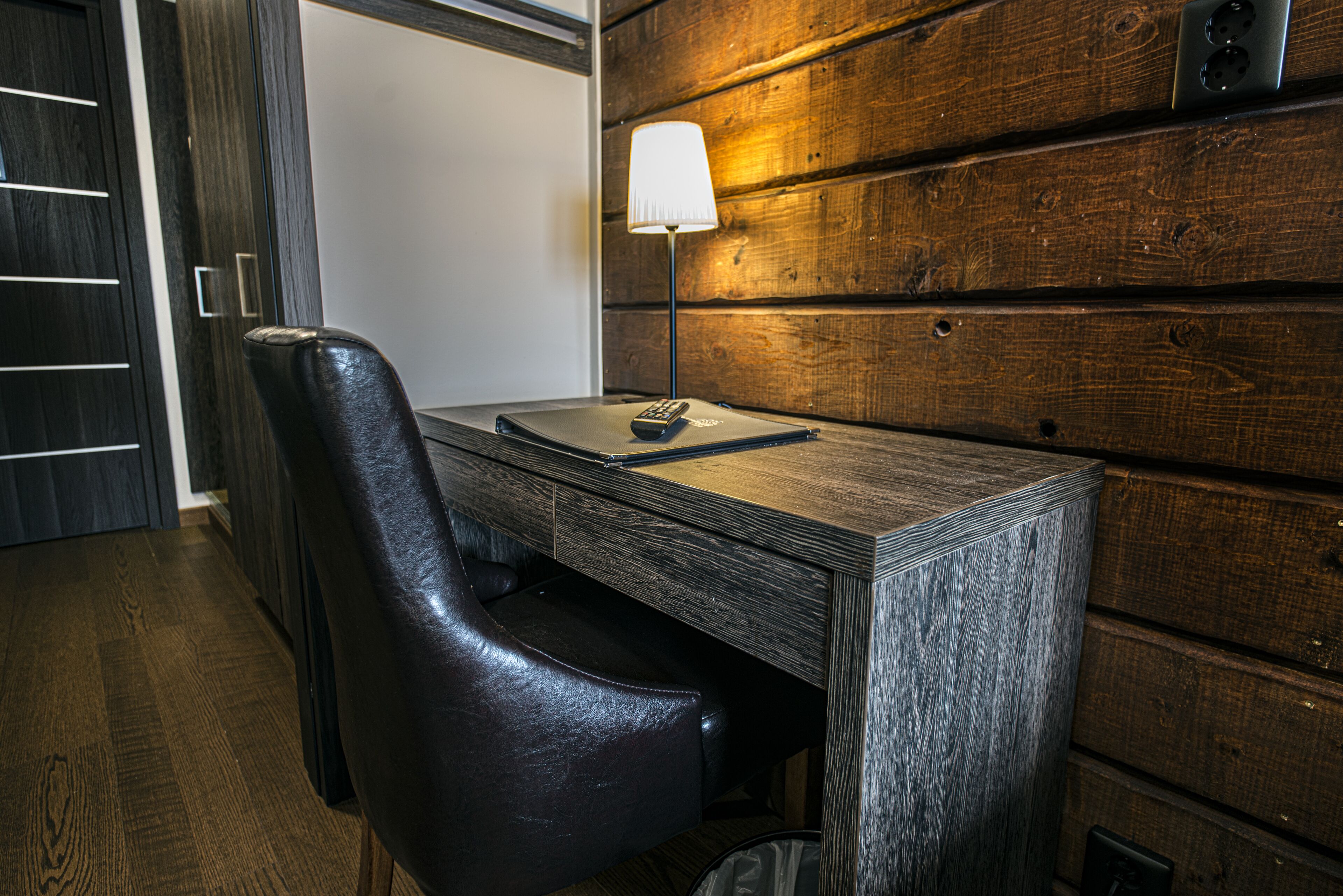 desk, laptop workspace, blackout curtains, iron/ironing board