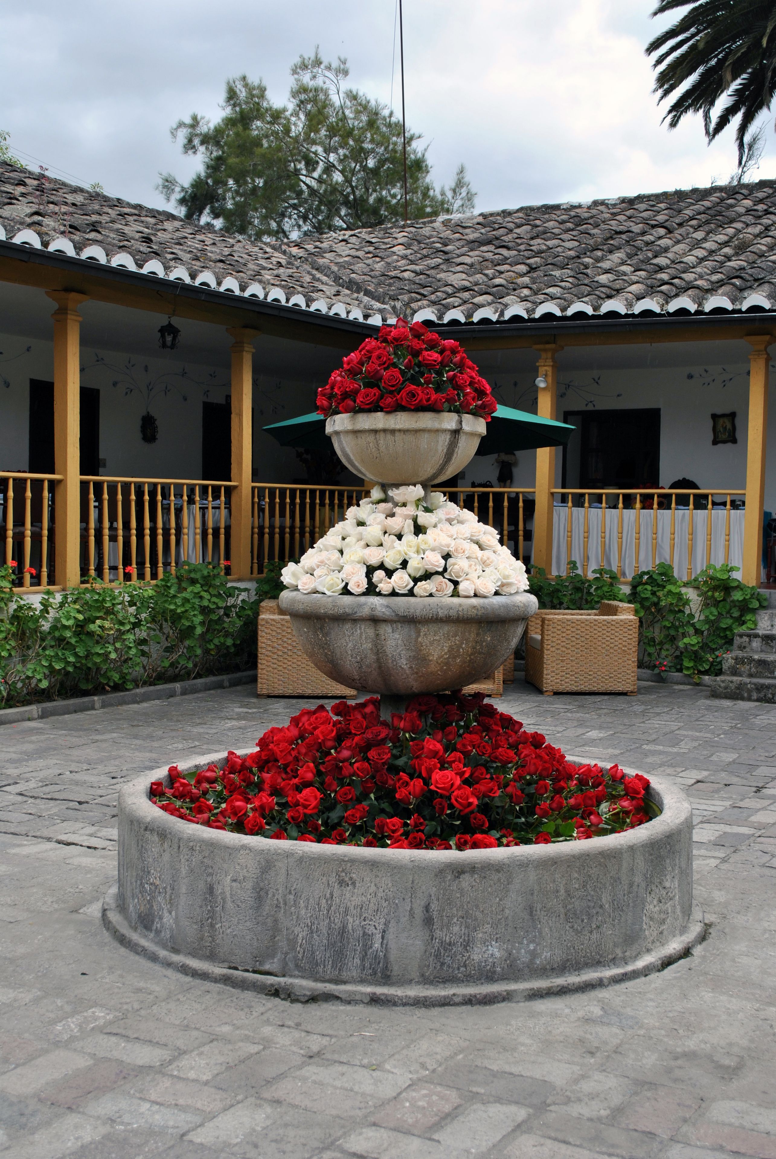 Un patio con un arreglo floral escalonado, un área de estar techada y un edificio con techo de tejas.