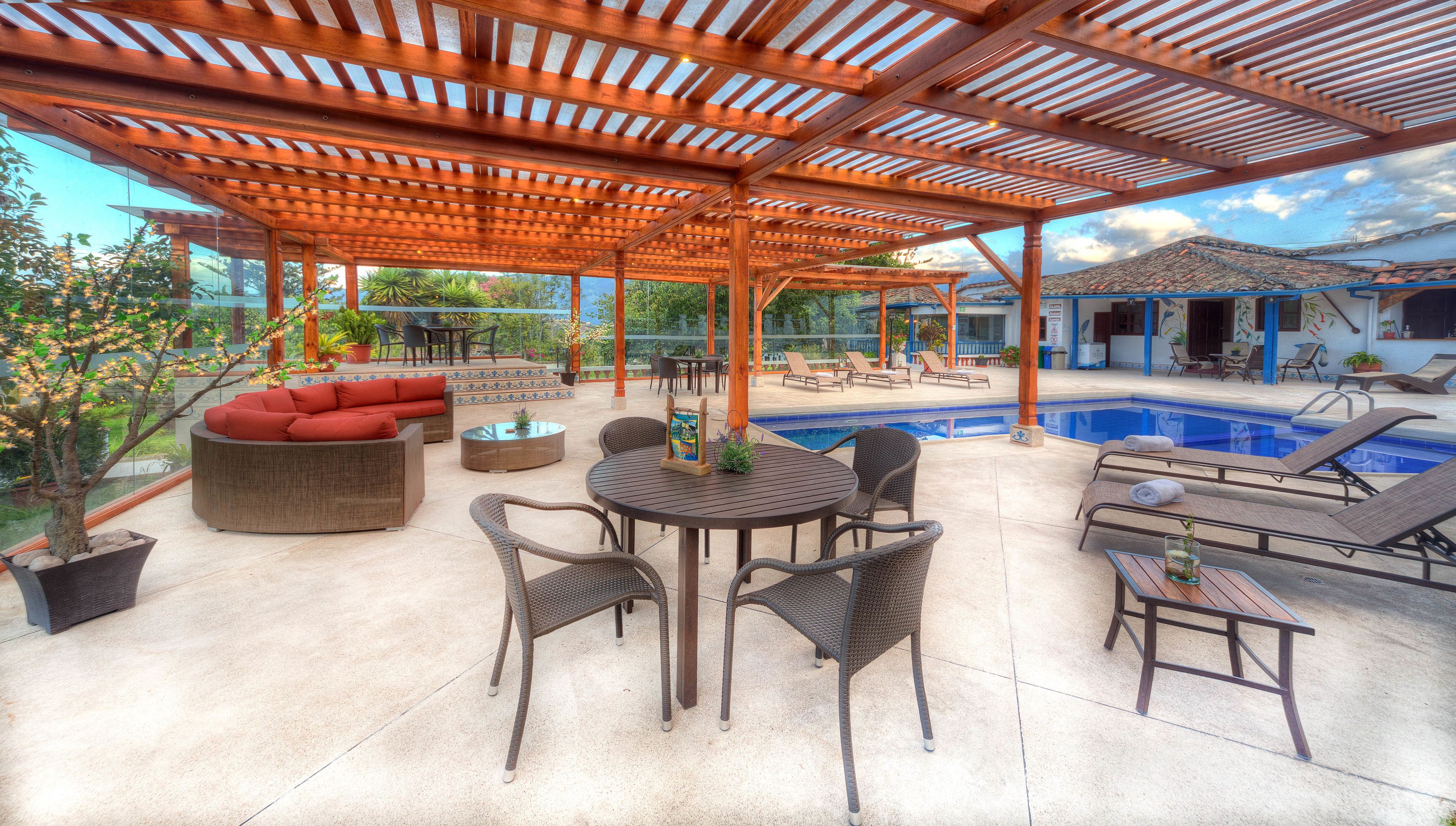 outdoor pool, pool umbrellas, pool loungers