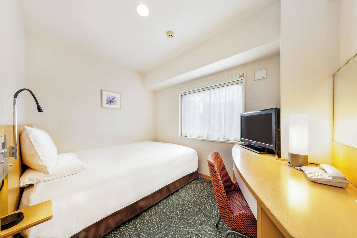 A hotel room with a single bed, a desk with a computer, a chair, a TV, and a window with curtains.