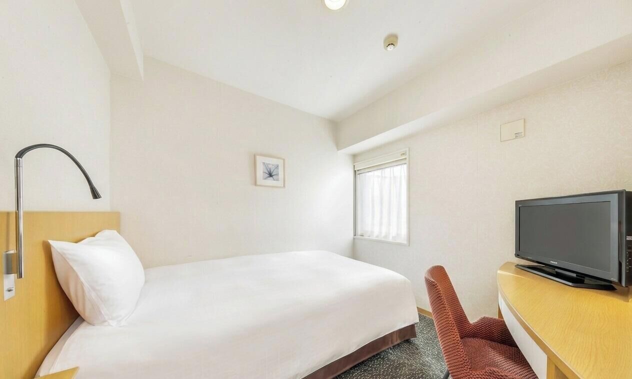 A hotel room with a bed, a TV, a desk, a chair, a window, and a picture on the wall.