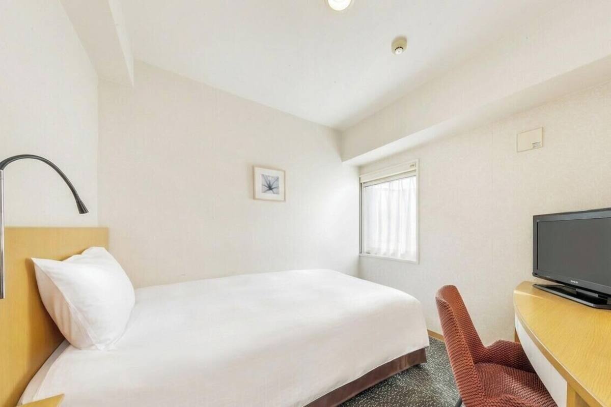 A hotel room with a bed, a TV, a desk, a chair, a window, and a picture on the wall.