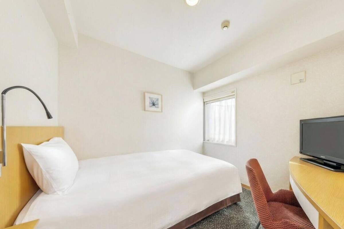 A hotel room with a bed, a TV, a desk, a chair, a window, and a picture on the wall.