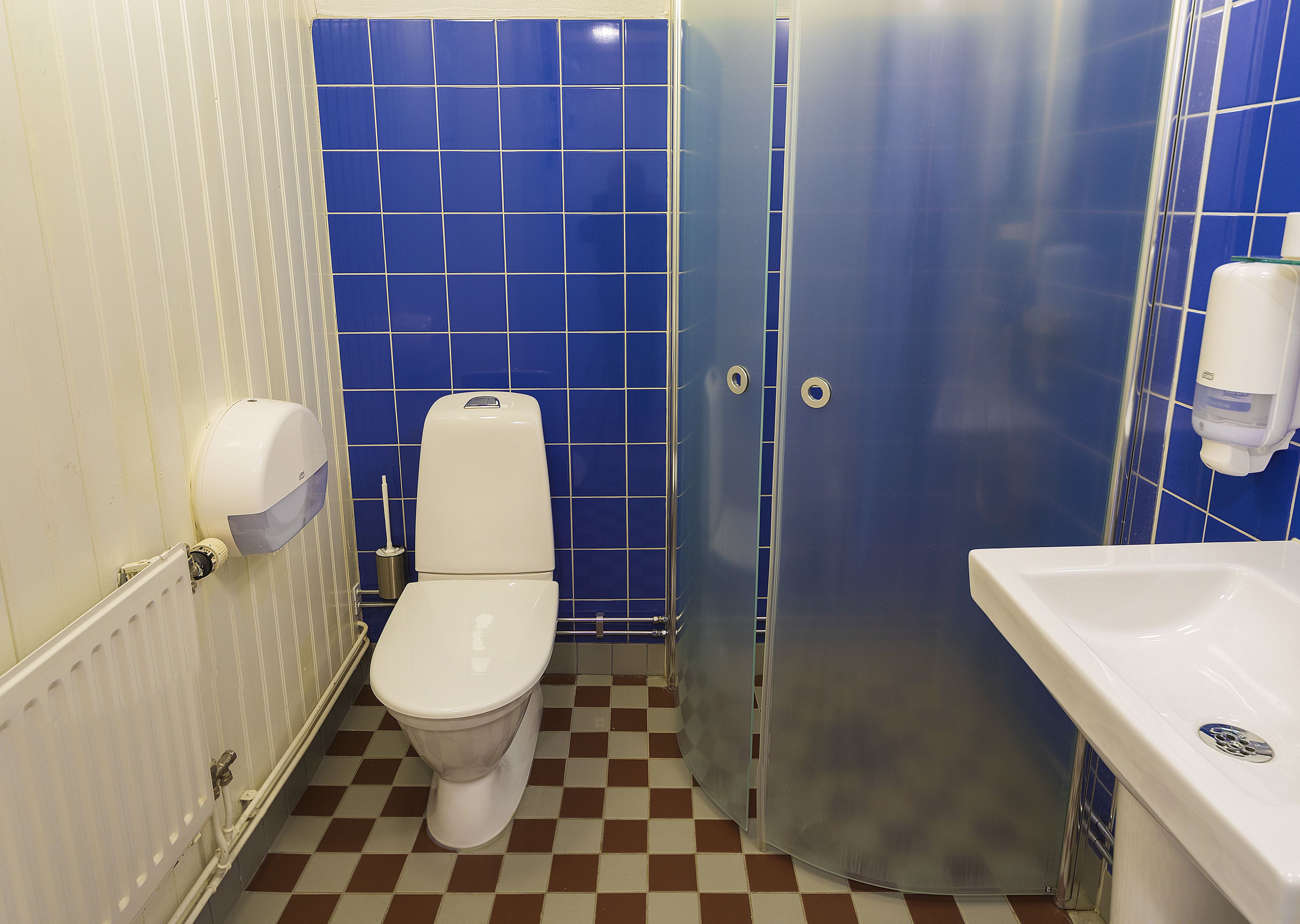 A bathroom with a toilet, a sink, and a shower stall.